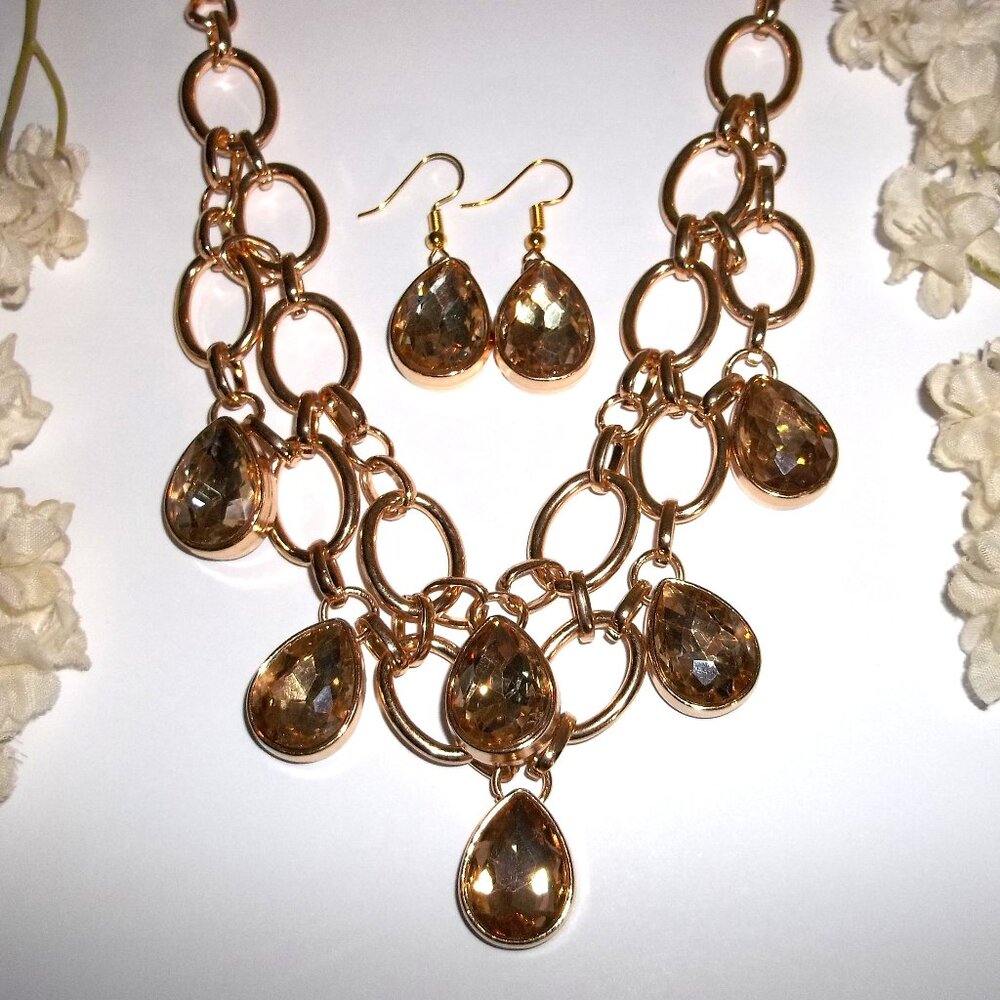 Statement Jewelry Set Necklace Earring Teardrop Faux Citrine Yellow Fancy C722